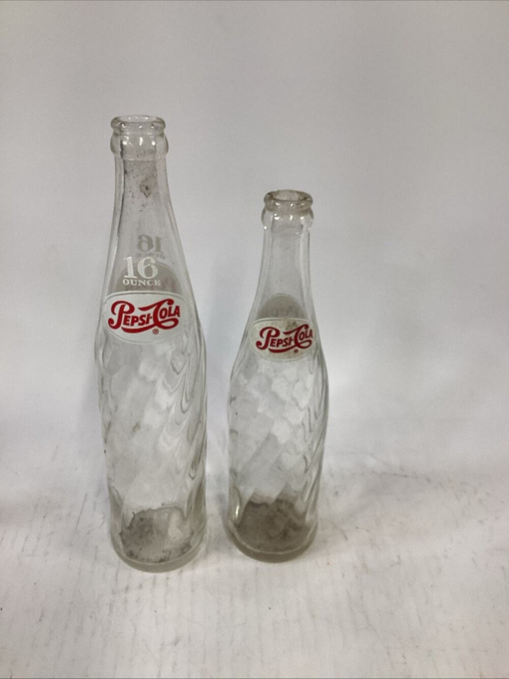 Lot Of 2 Vintage Glass Pepsi Bottles - 16oz & 8 Oz